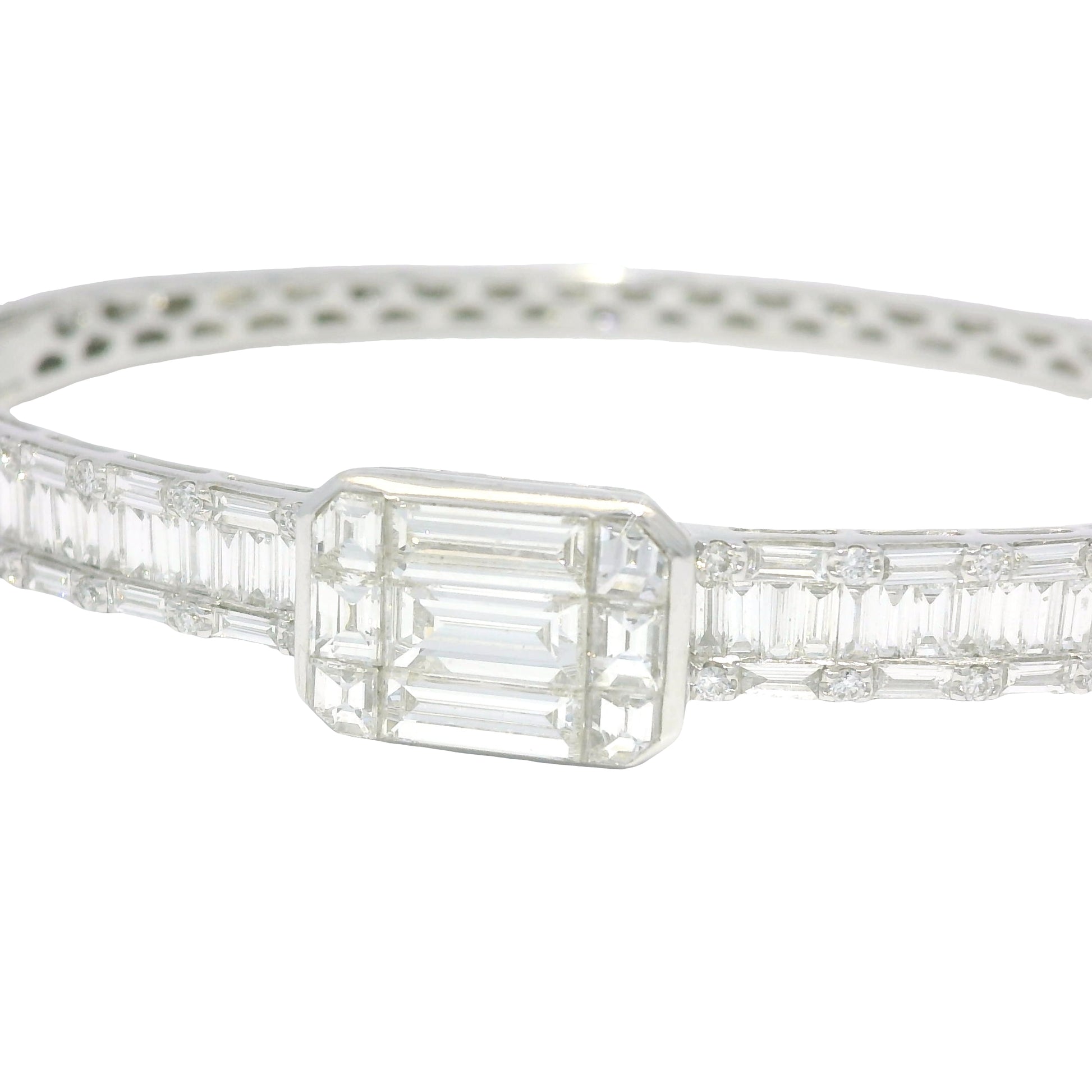 18k White Gold Natural Round Brilliant & Baguette Cut Diamond Square Station Bangle Bracelet