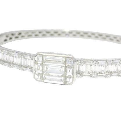18k White Gold Natural Round Brilliant & Baguette Cut Diamond Square Station Bangle Bracelet