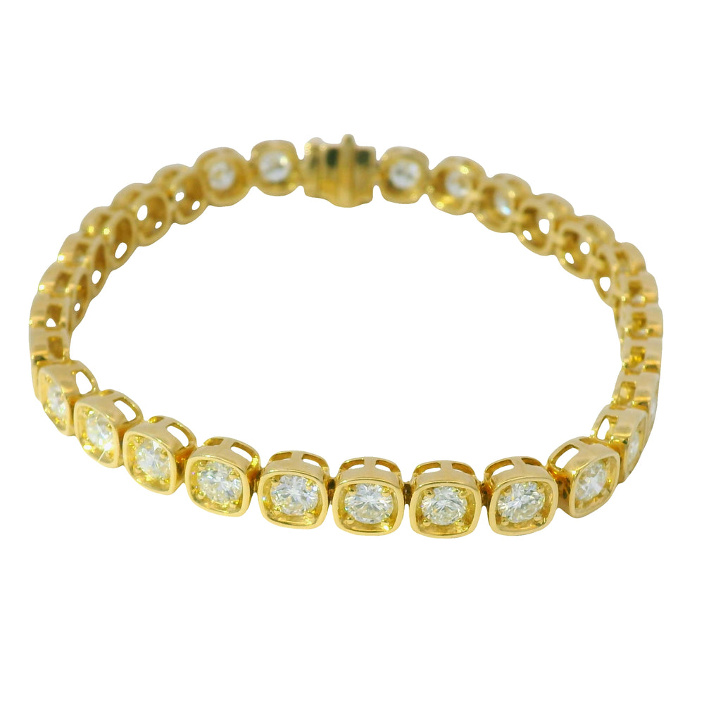 18K Yellow Gold Natural 6.60 Carats Round Brilliant Cut Tennis Bracelet in a Square Bezel Set
