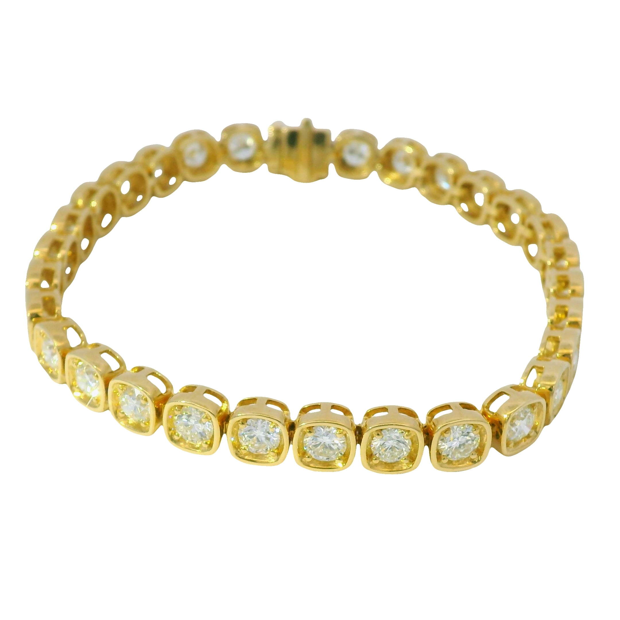 18K Yellow Gold Natural 6.60 Carats Round Brilliant Cut Tennis Bracelet in a Square Bezel Set