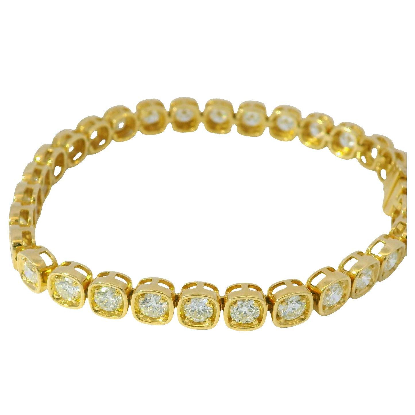 18K Yellow Gold Natural 6.60 Carats Round Brilliant Cut Tennis Bracelet in a Square Bezel Set