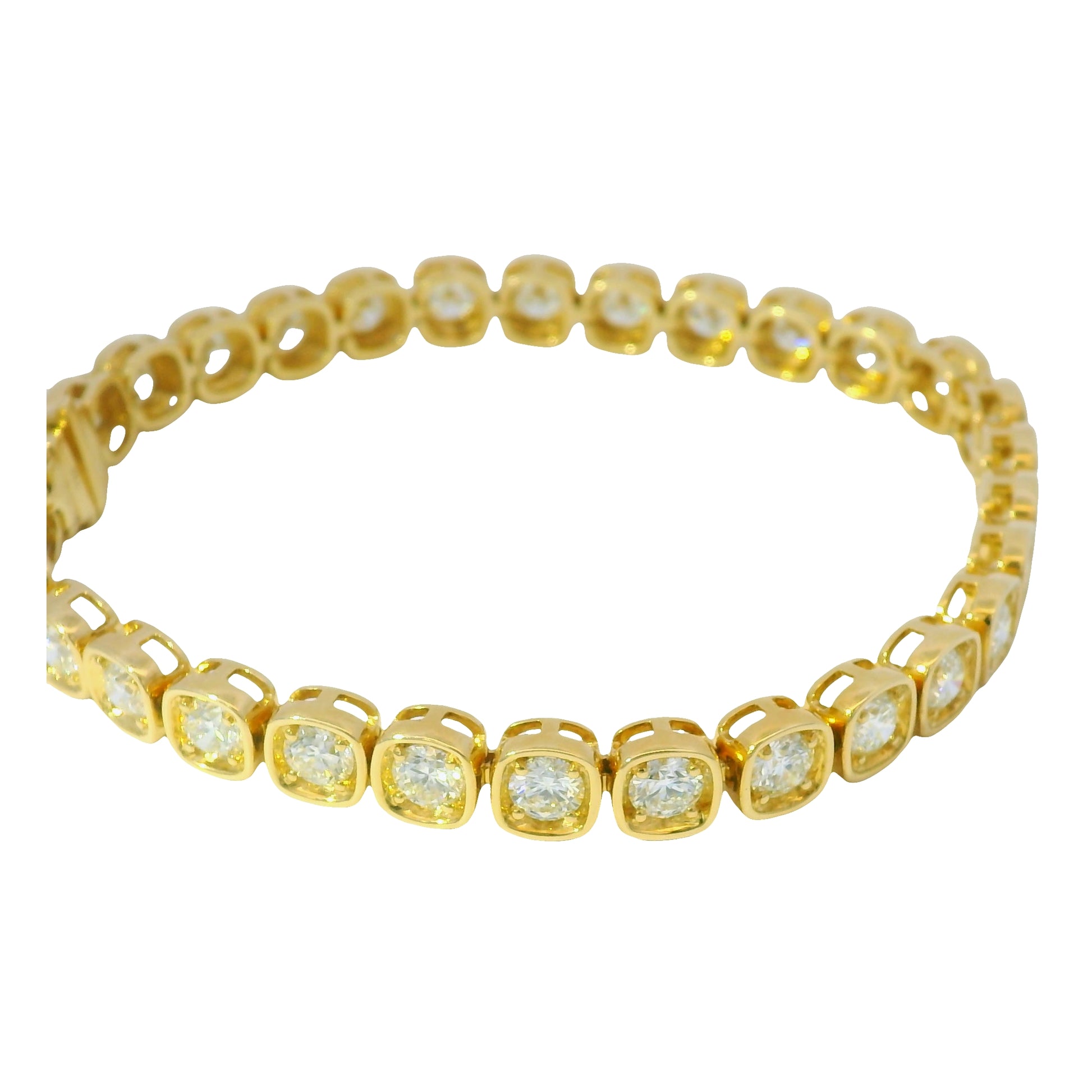 18K Yellow Gold Natural 6.60 Carats Round Brilliant Cut Tennis Bracelet in a Square Bezel Set 