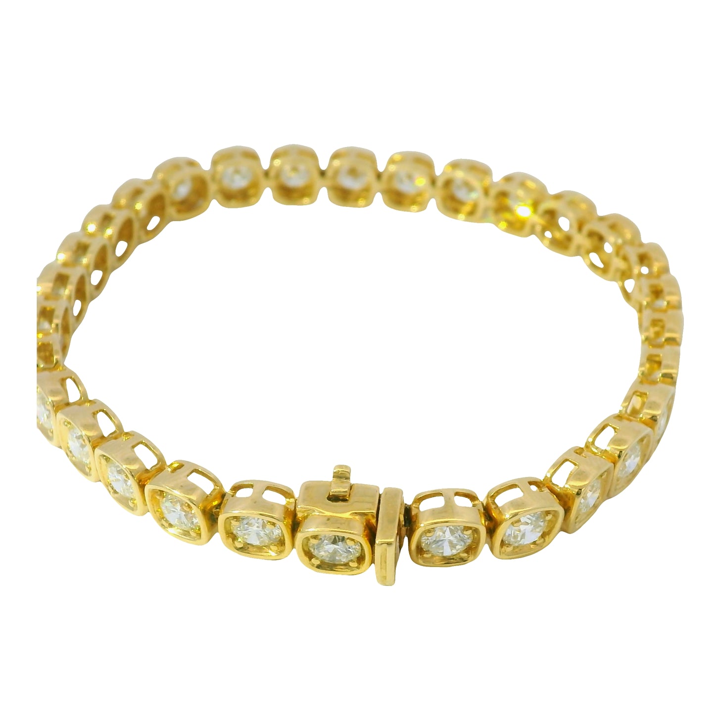 18K Yellow Gold Natural 6.60 Carats Round Brilliant Cut Tennis Bracelet in a Square Bezel Set