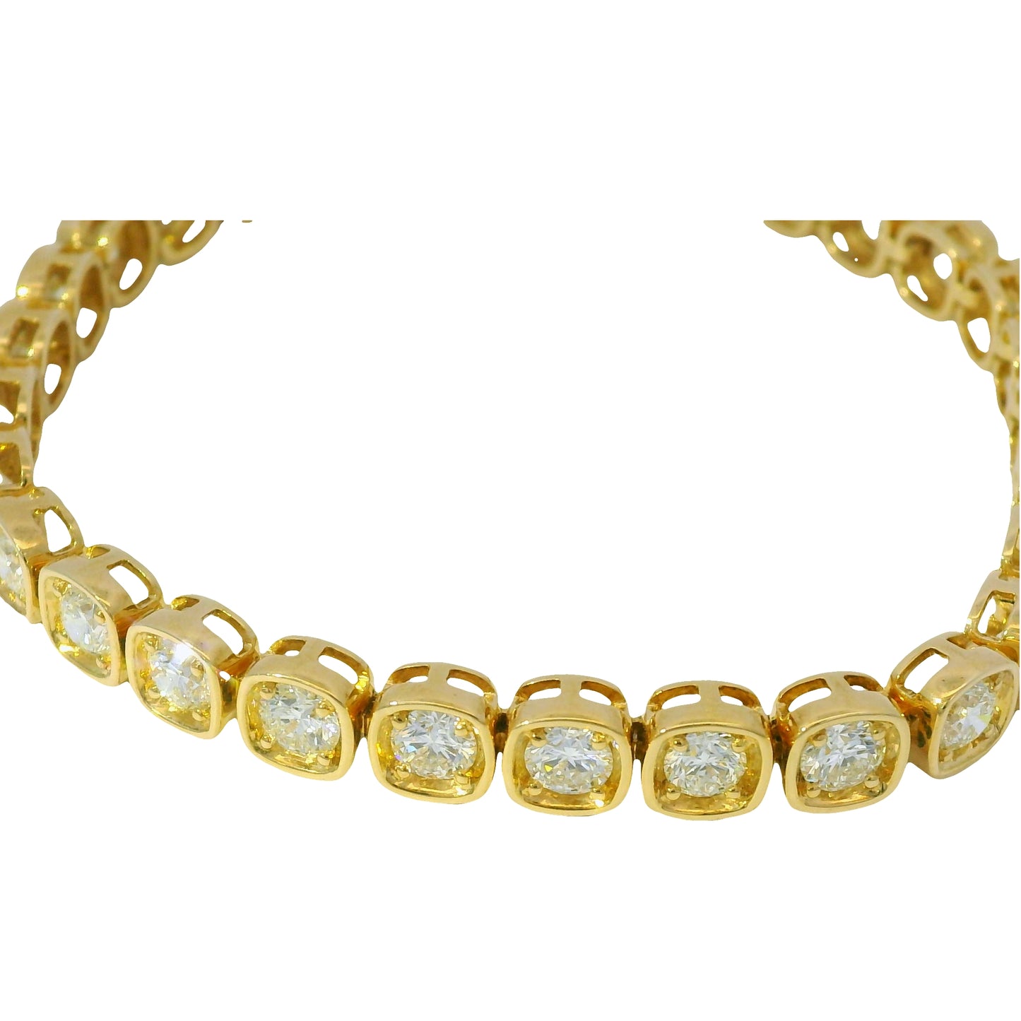 18K Yellow Gold Natural 6.60 Carats Round Brilliant Cut Tennis Bracelet in a Square Bezel Set