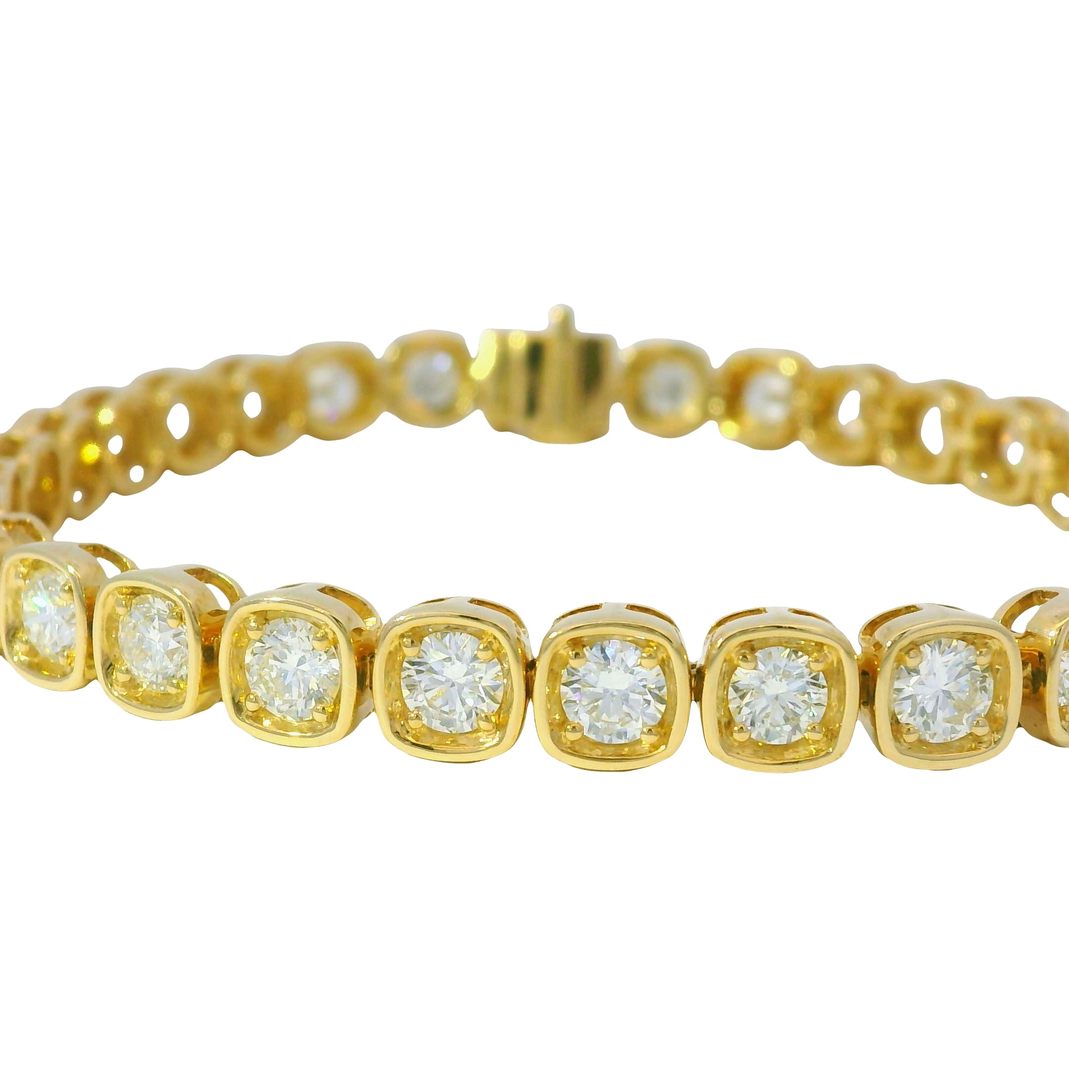 18K Yellow Gold Natural 6.60 Carats Round Brilliant Cut Tennis Bracelet in a Square Bezel Set
