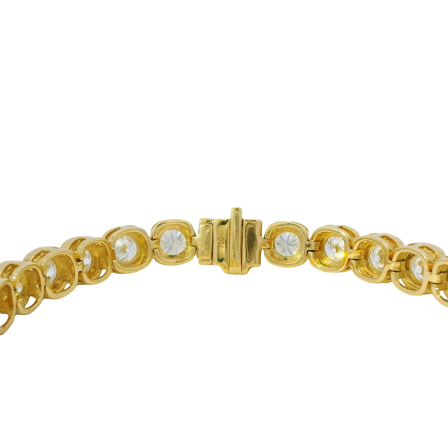 18K Yellow Gold Natural 6.60 Carats Round Brilliant Cut Tennis Bracelet in a Square Bezel Set