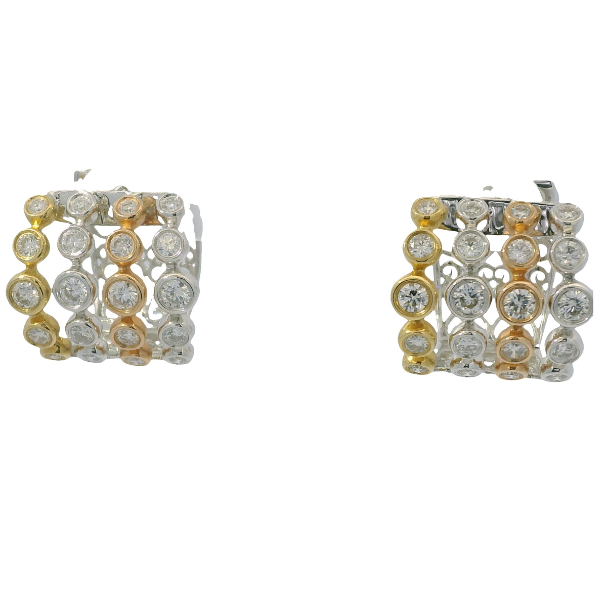 18K Tri-Color Gold Natural Round Brilliant Cut Diamond Bezel Set Cuff Earrings