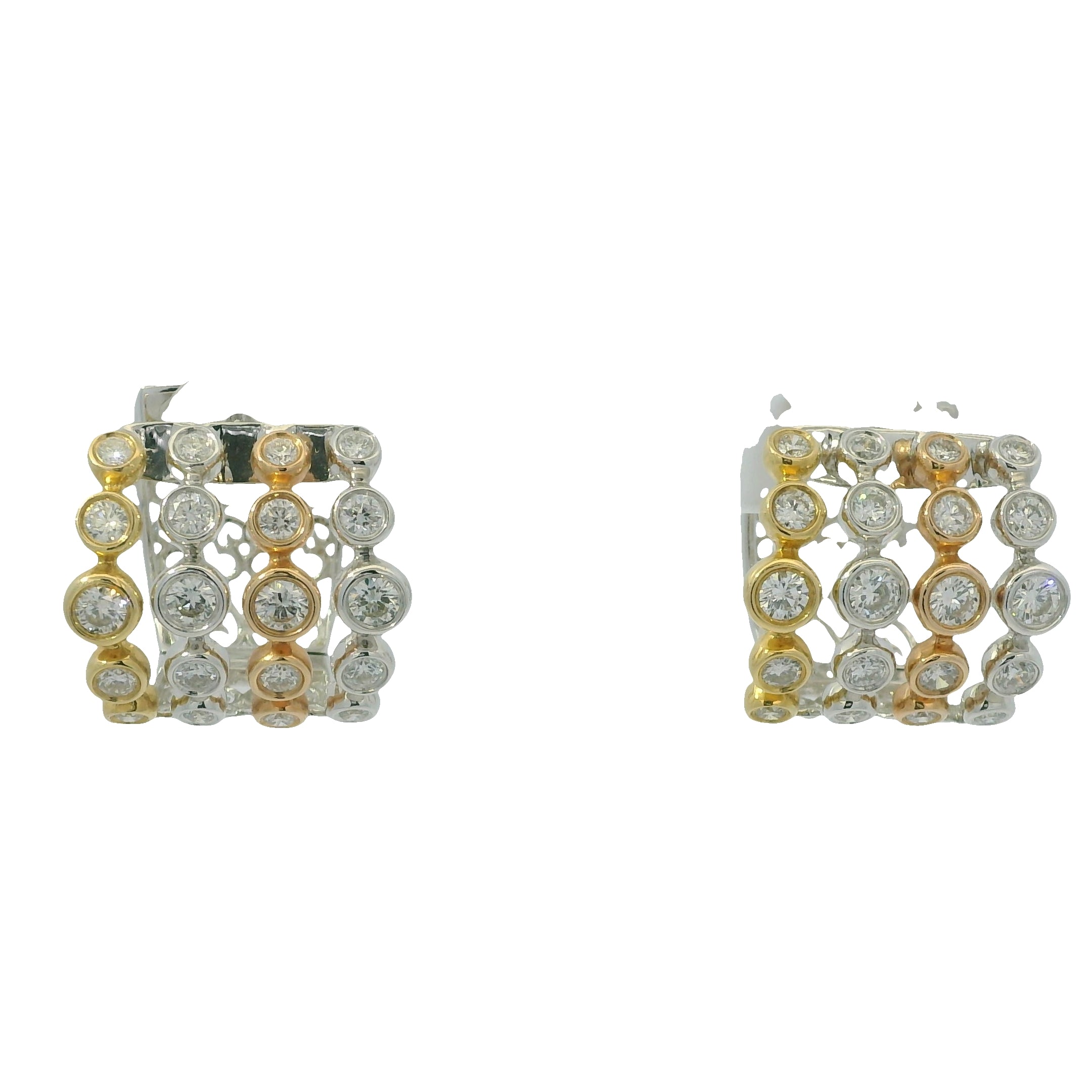 18K Tri-Color Gold Natural Round Brilliant Cut Diamond Bezel Set Cuff Earrings
