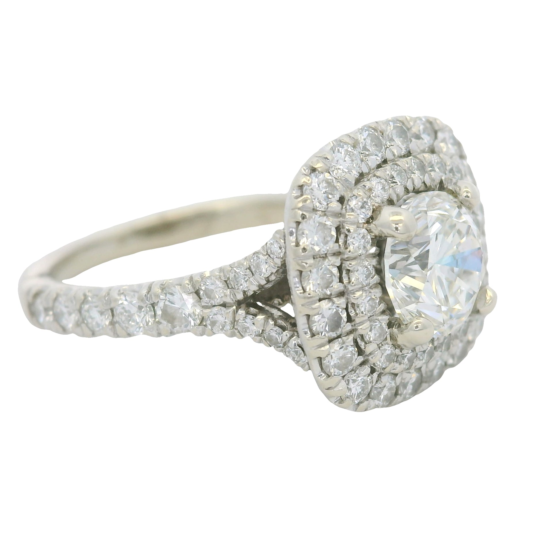 GIA 14KW Gold Natural Round Brilliant Diamond Double Halo Engagement Ring