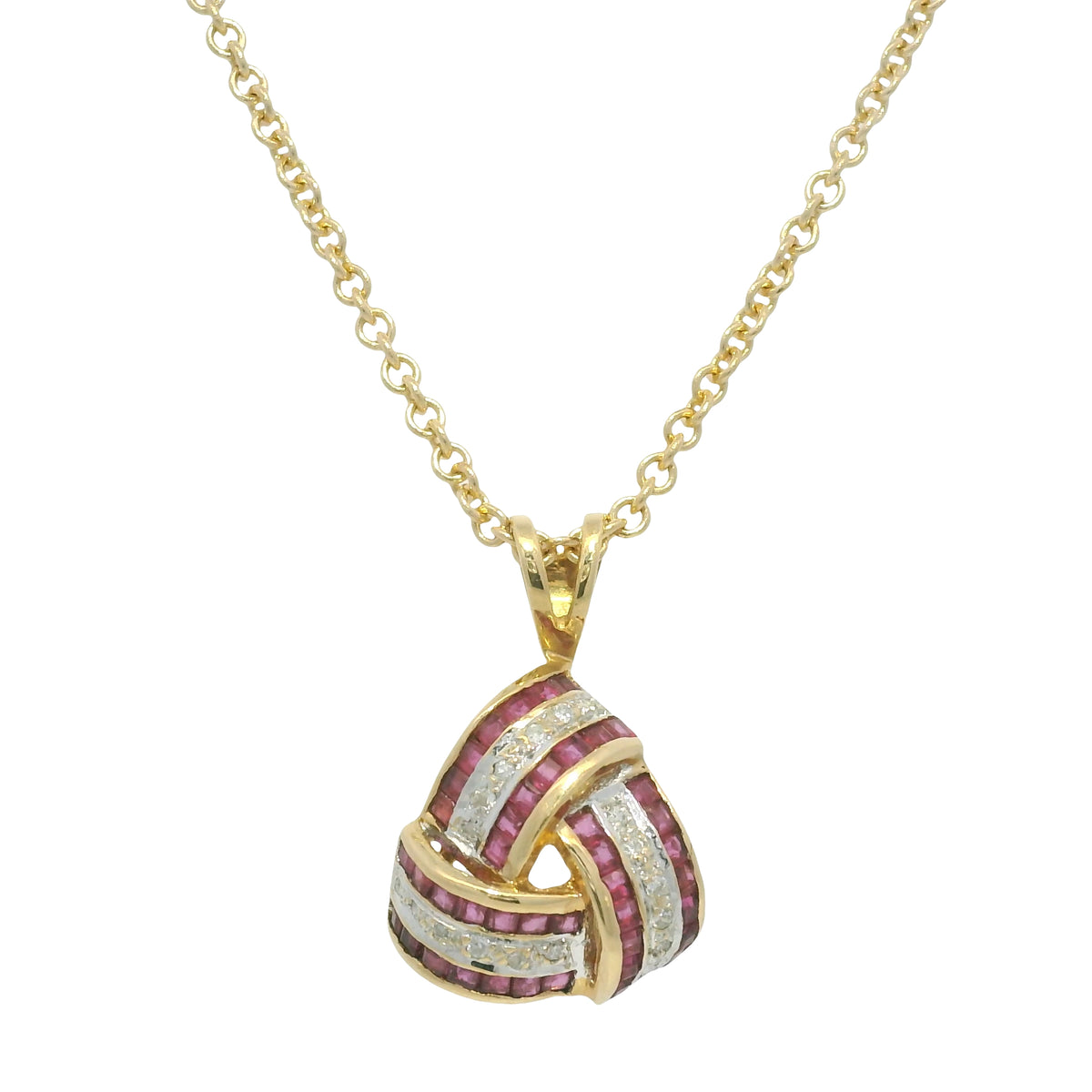 14K Yellow Gold Natural Ruby and Diamond Crossover Triangle Pendant Necklace