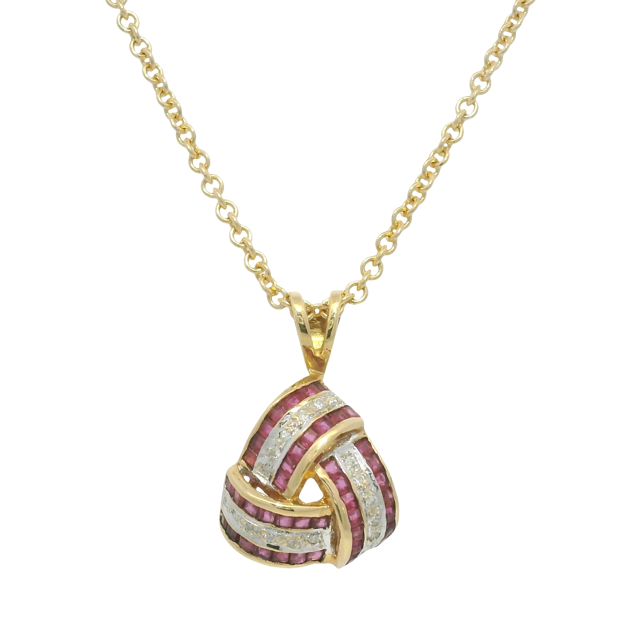 14K Yellow Gold Natural Ruby and Diamond Crossover Triangle Pendant Necklace