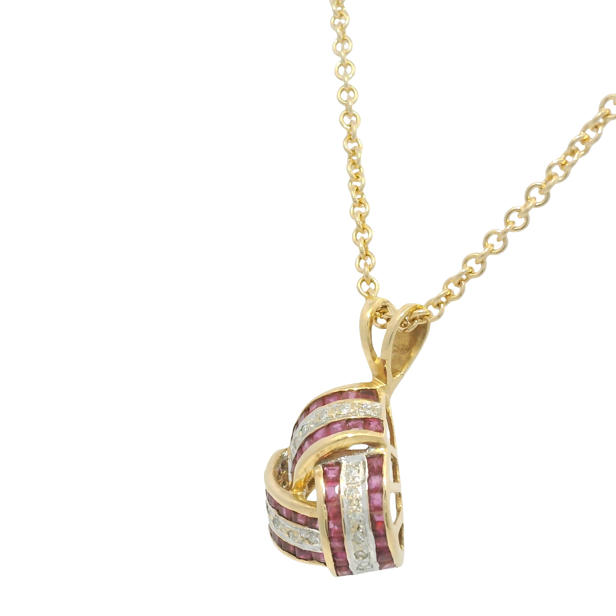14K Yellow Gold Natural Ruby and Diamond Crossover Triangle Pendant Necklace