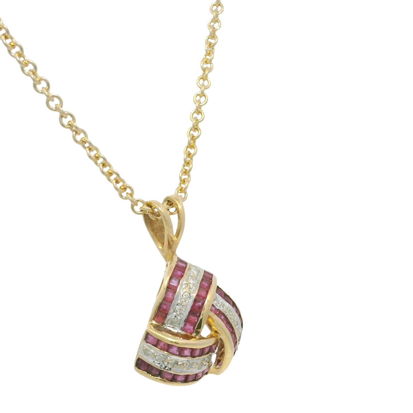14K Yellow Gold Natural Ruby and Diamond Crossover Triangle Pendant Necklace