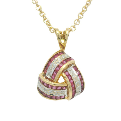 14K Yellow Gold Natural Ruby and Diamond Crossover Triangle Pendant Necklace