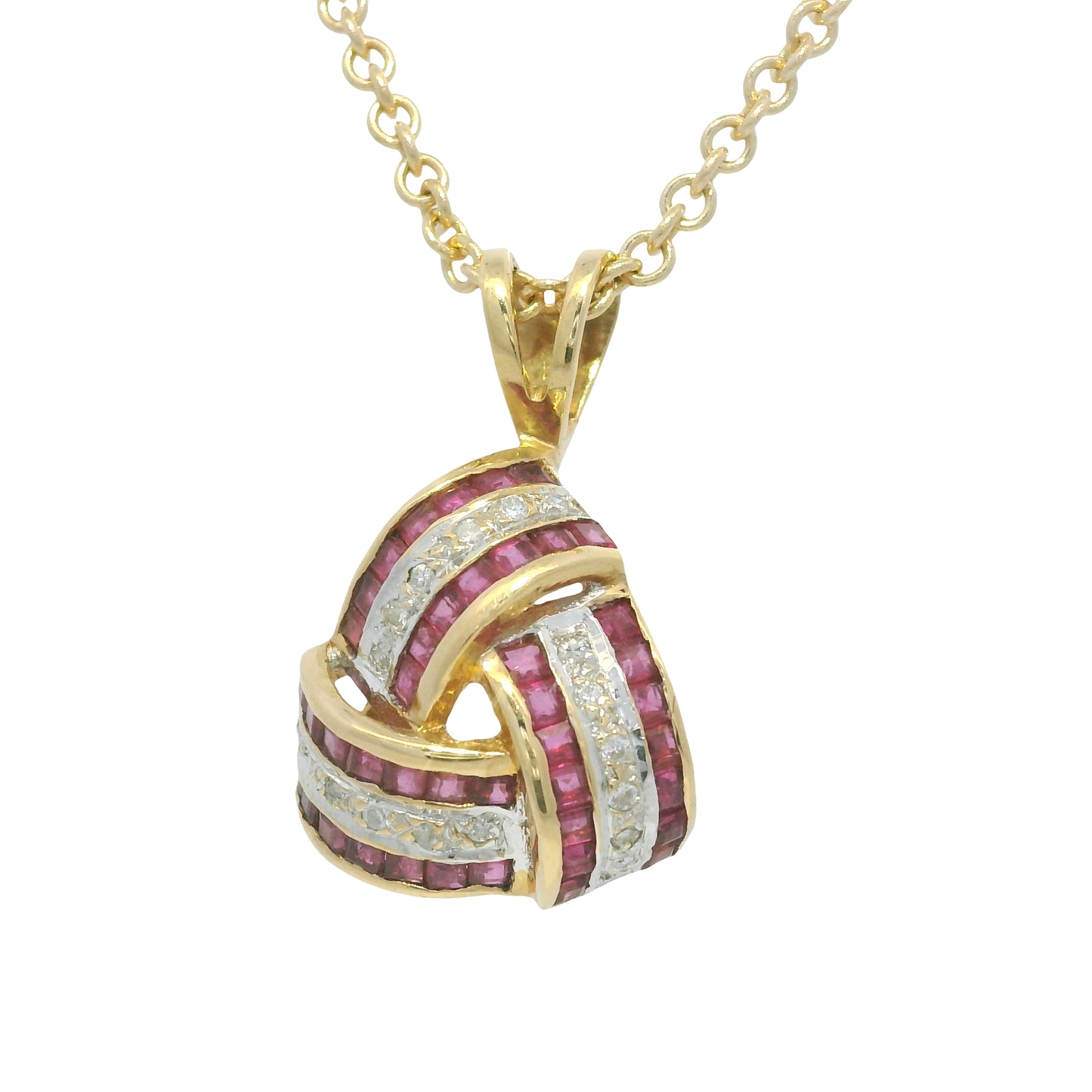 14K Yellow Gold Natural Ruby and Diamond Crossover Triangle Pendant Necklace