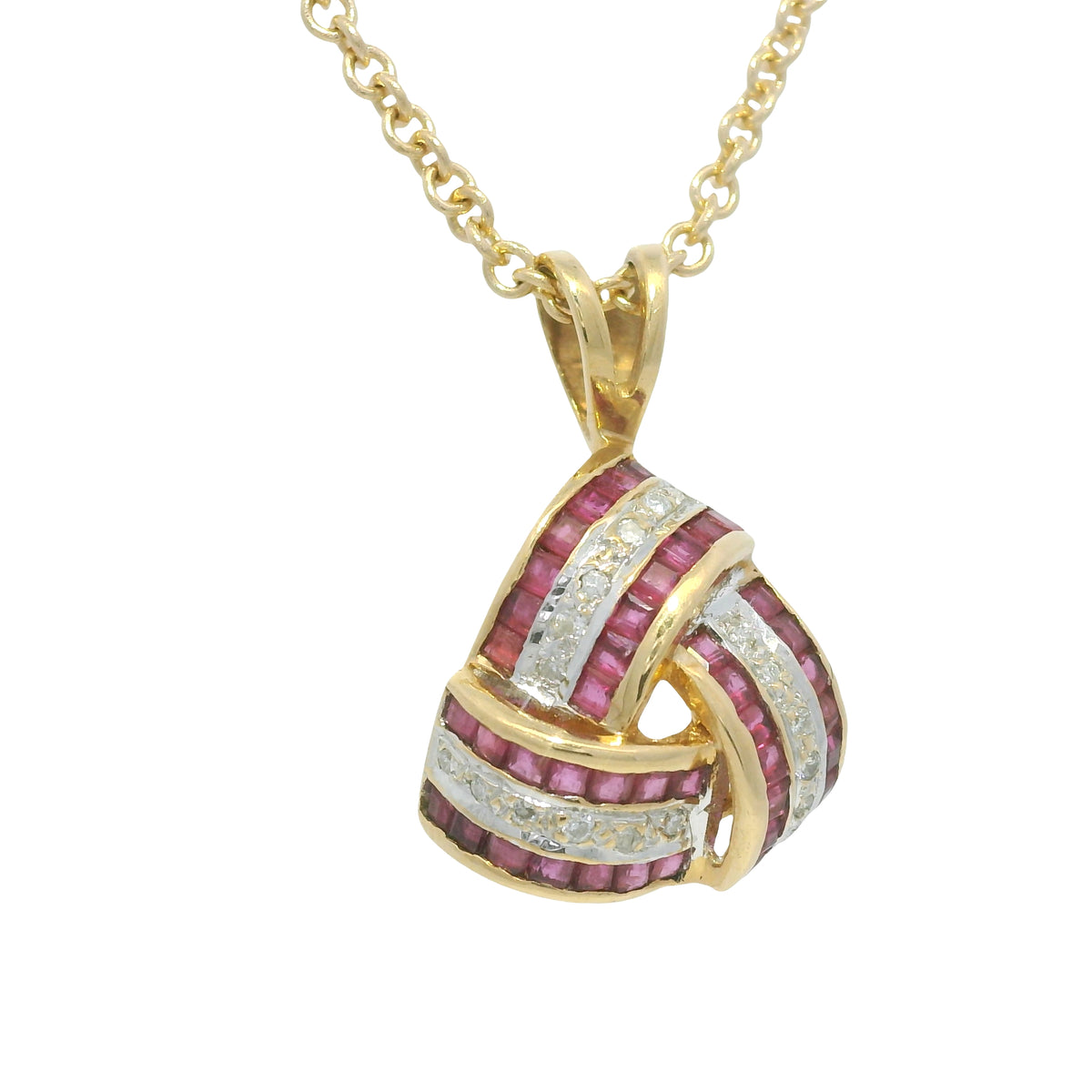 14K Yellow Gold Natural Ruby and Diamond Crossover Triangle Pendant Necklace