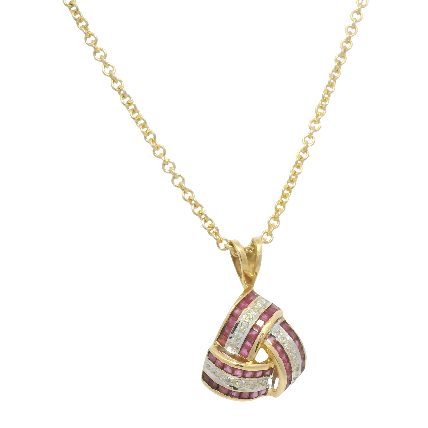 14K Yellow Gold Natural Ruby and Diamond Crossover Triangle Pendant Necklace