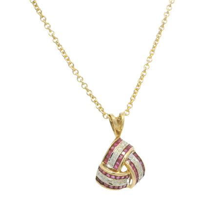 14K Yellow Gold Natural Ruby and Diamond Crossover Triangle Pendant Necklace