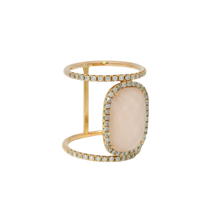 Meira T 14k Rose Gold Rose Quartz &amp; Diamond Halo Double Band Ring