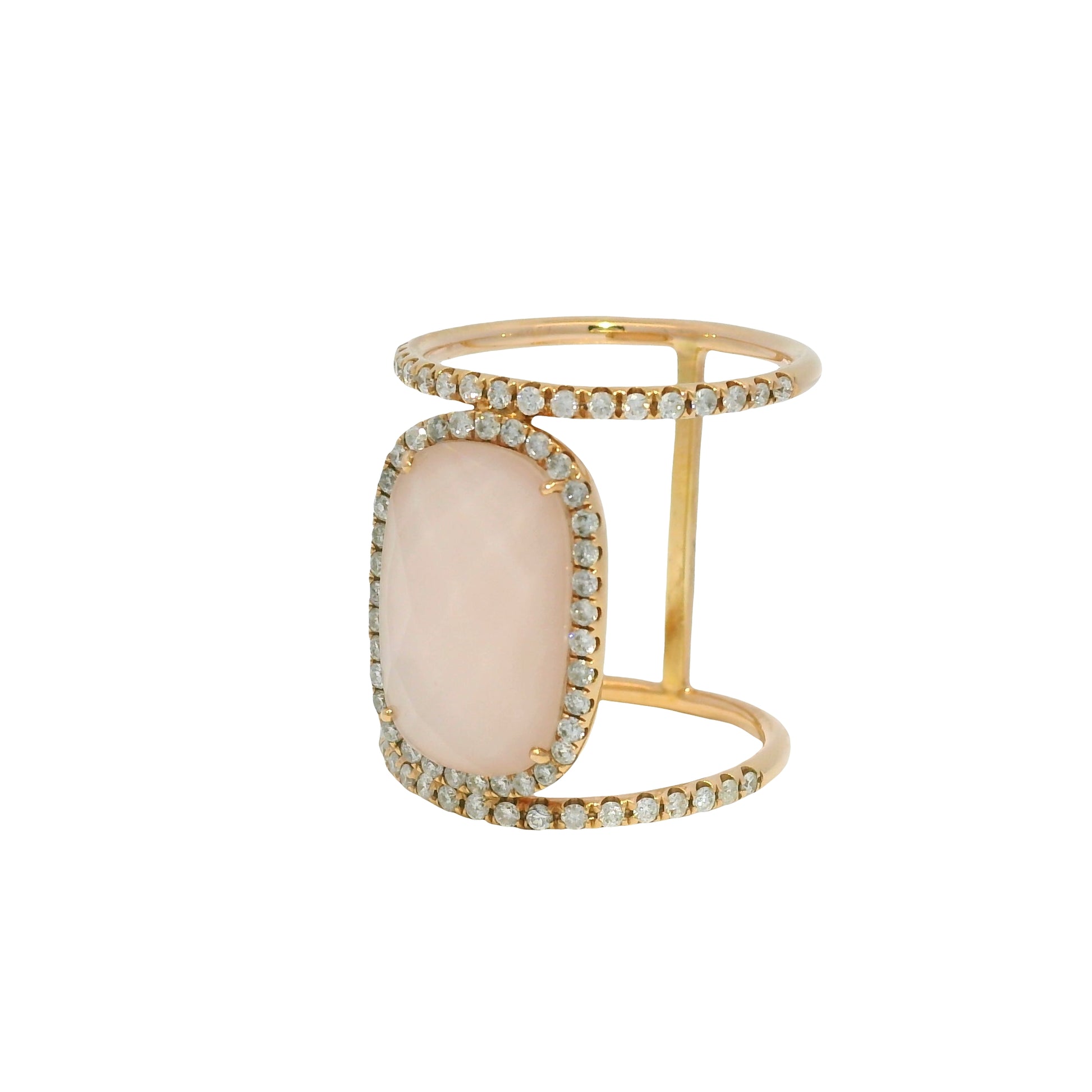 Meira T 14k Rose Gold Rose Quartz &amp; Diamond Halo Double Band Ring