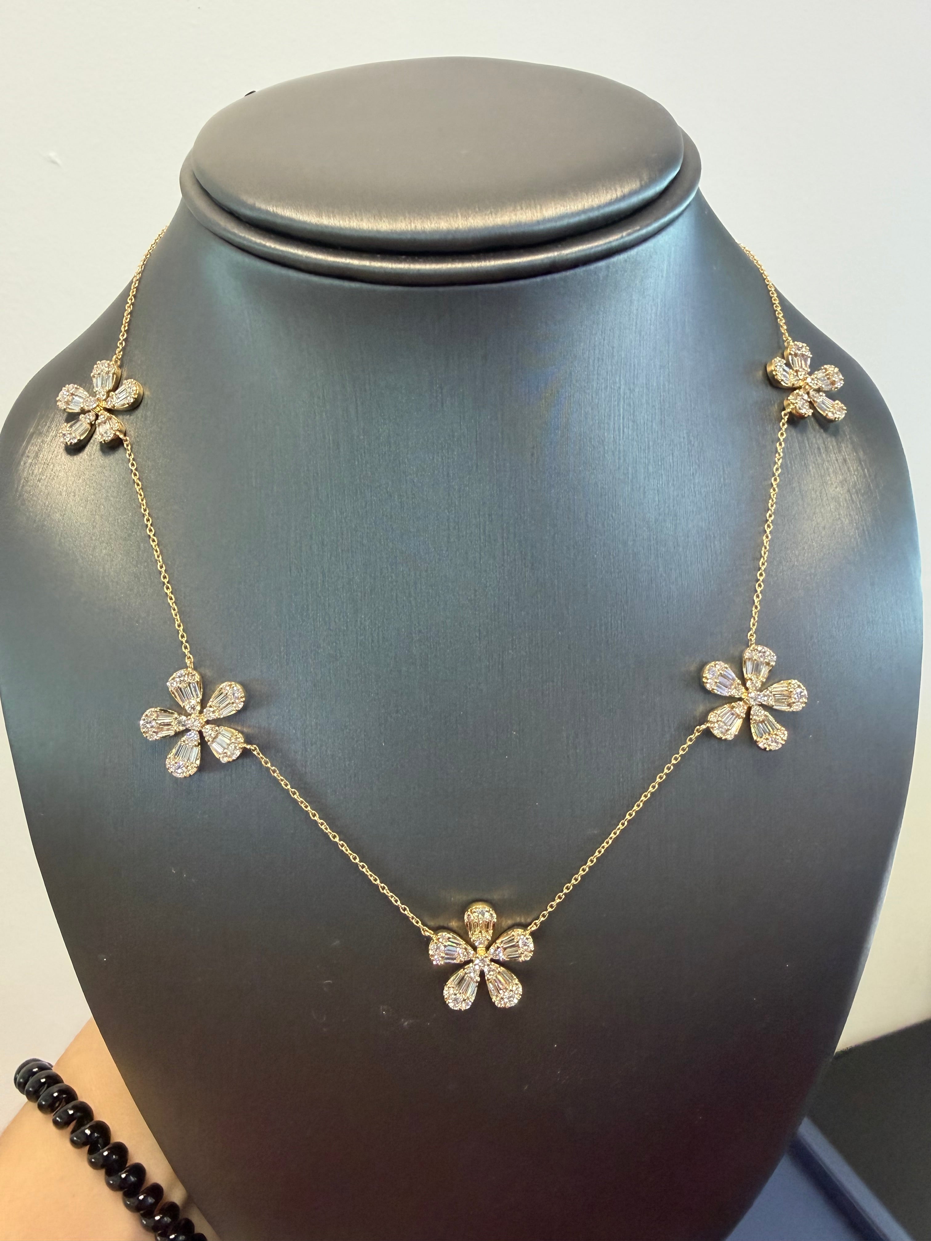 18K Yellow Gold Natural Baguette & Round Brilliant Diamond Large 5 Flower Necklace
