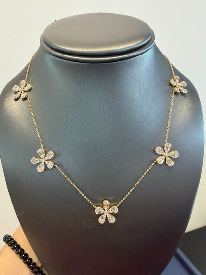 18K Yellow Gold Natural Baguette & Round Brilliant Diamond Large 5 Flower Necklace
