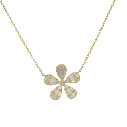 18K Yellow Gold Natural Baguette & Round Brilliant Diamond Large 5 Flower Necklace
