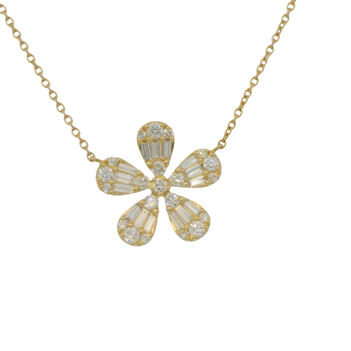 18K Yellow Gold Natural Baguette & Round Brilliant Diamond Large 5 Flower Necklace