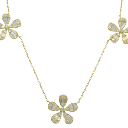 18K Yellow Gold Natural Baguette & Round Brilliant Diamond Large 5 Flower Necklace