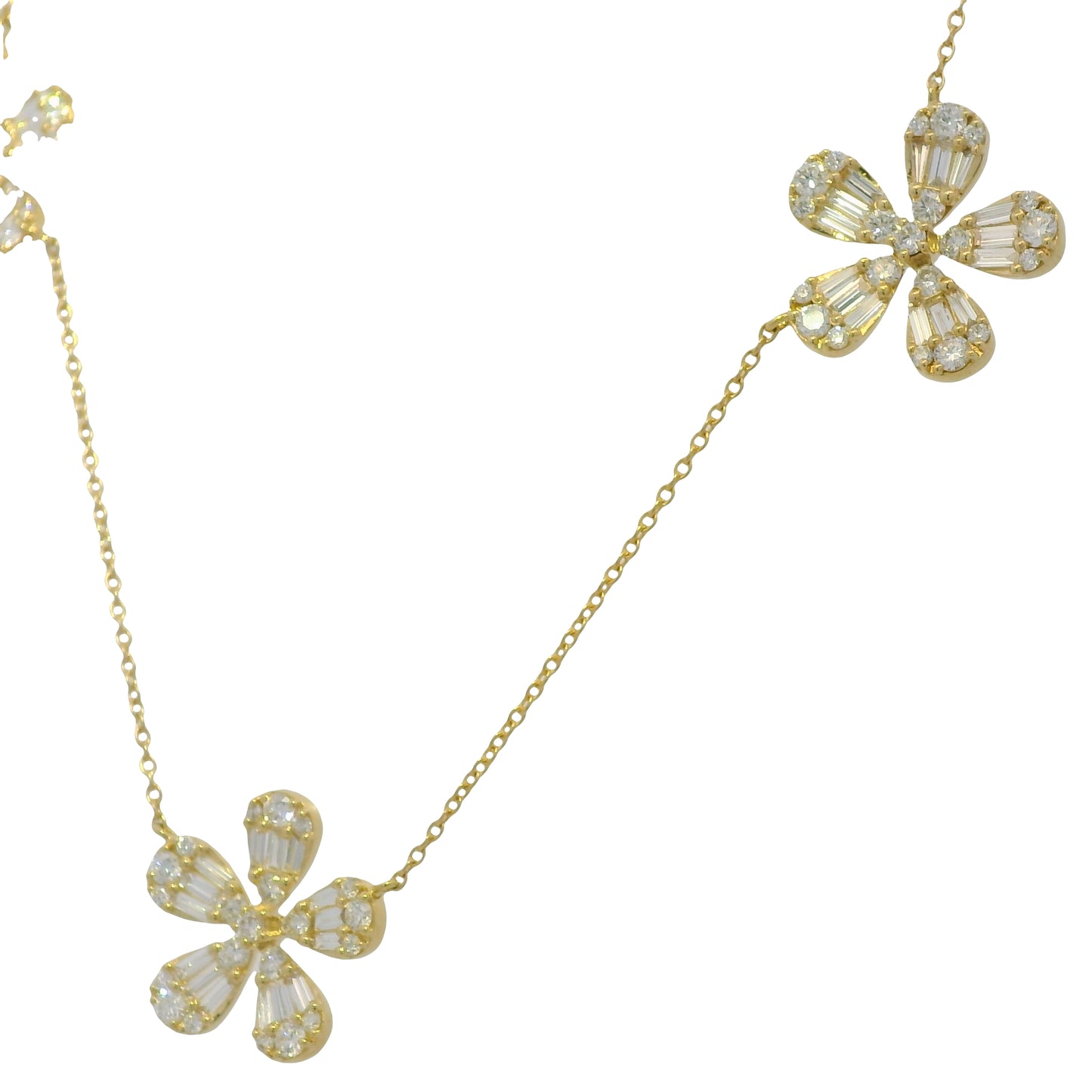 18K Yellow Gold Natural Baguette & Round Brilliant Diamond Large 5 Flower Necklace