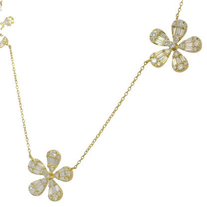 18K Yellow Gold Natural Baguette & Round Brilliant Diamond Large 5 Flower Necklace
