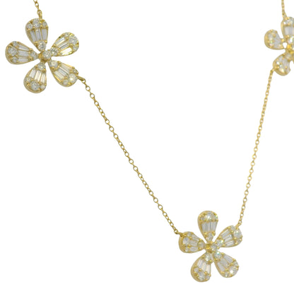 18K Yellow Gold Natural Baguette & Round Brilliant Diamond Large 5 Flower Necklace