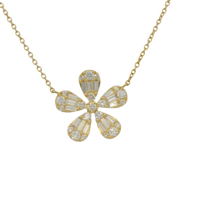 18K Yellow Gold Natural Baguette & Round Brilliant Diamond Large 5 Flower Necklace
