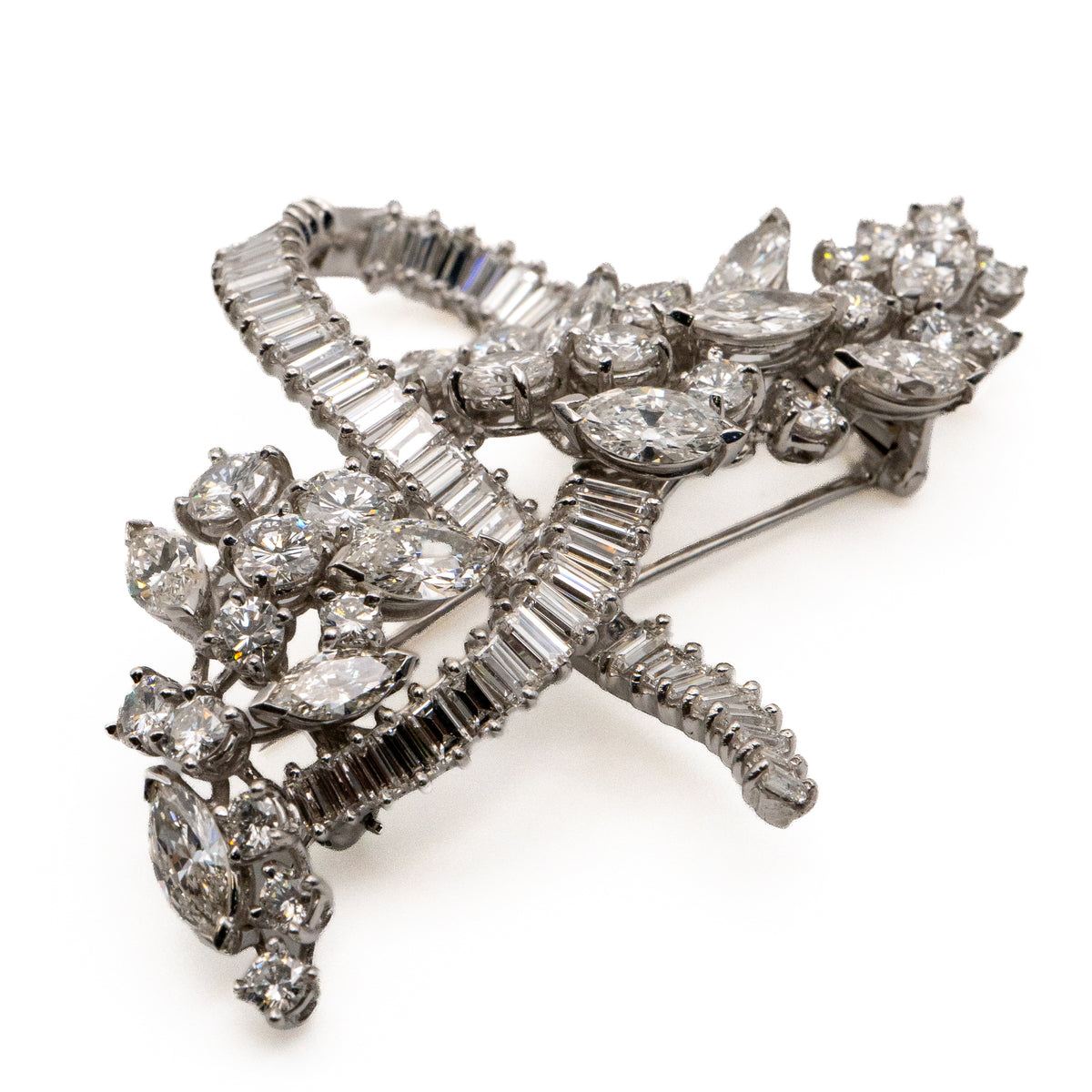Platinum Natural 10.0 Carat Marquise, Round & Baguette Cut Diamond Brooch