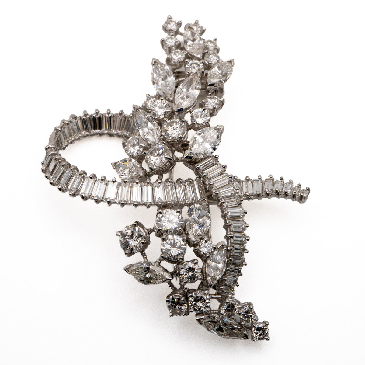 Platinum Natural 10.0 Carat Marquise, Round & Baguette Cut Diamond Brooch