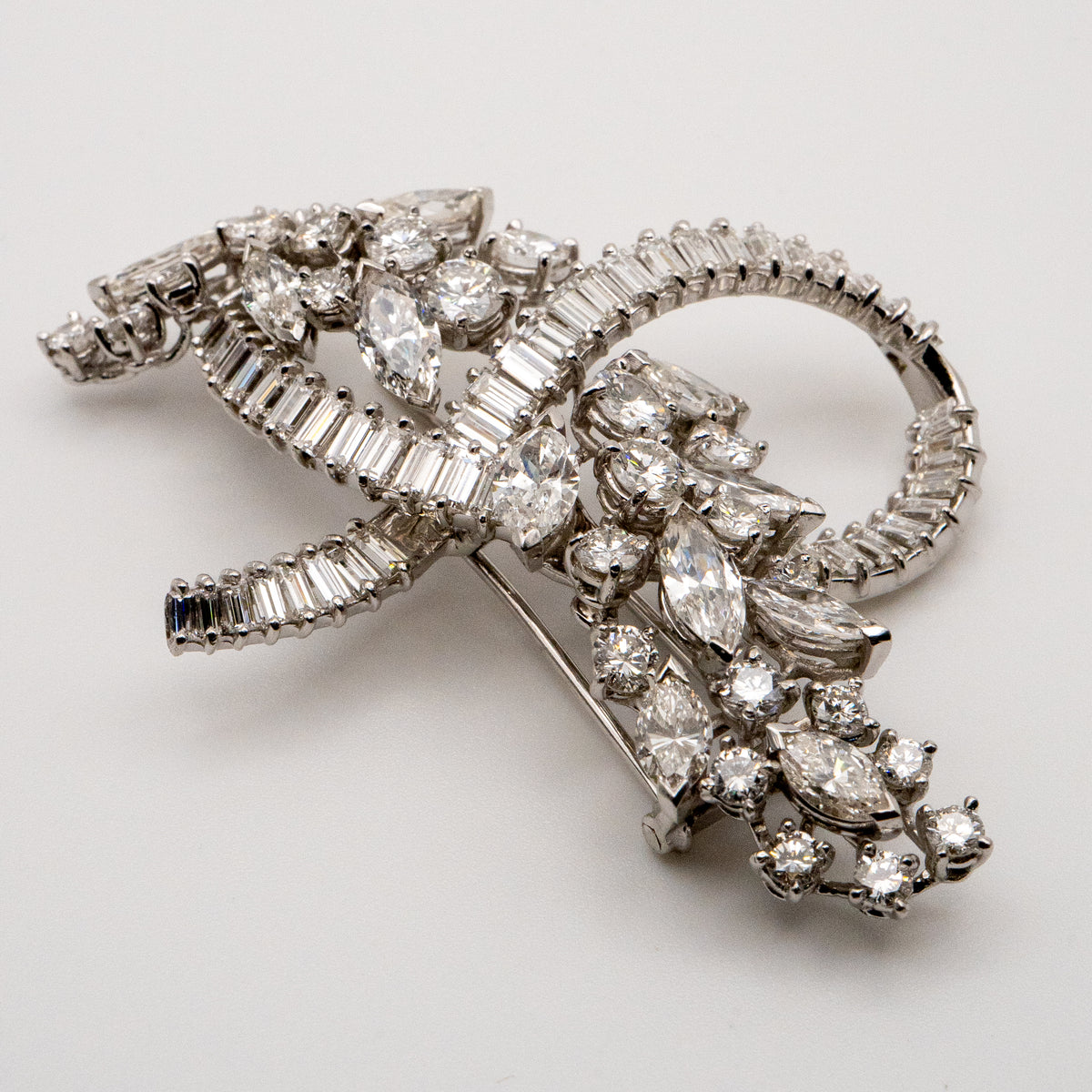 Platinum Natural 10.0 Carat Marquise, Round & Baguette Cut Diamond Brooch