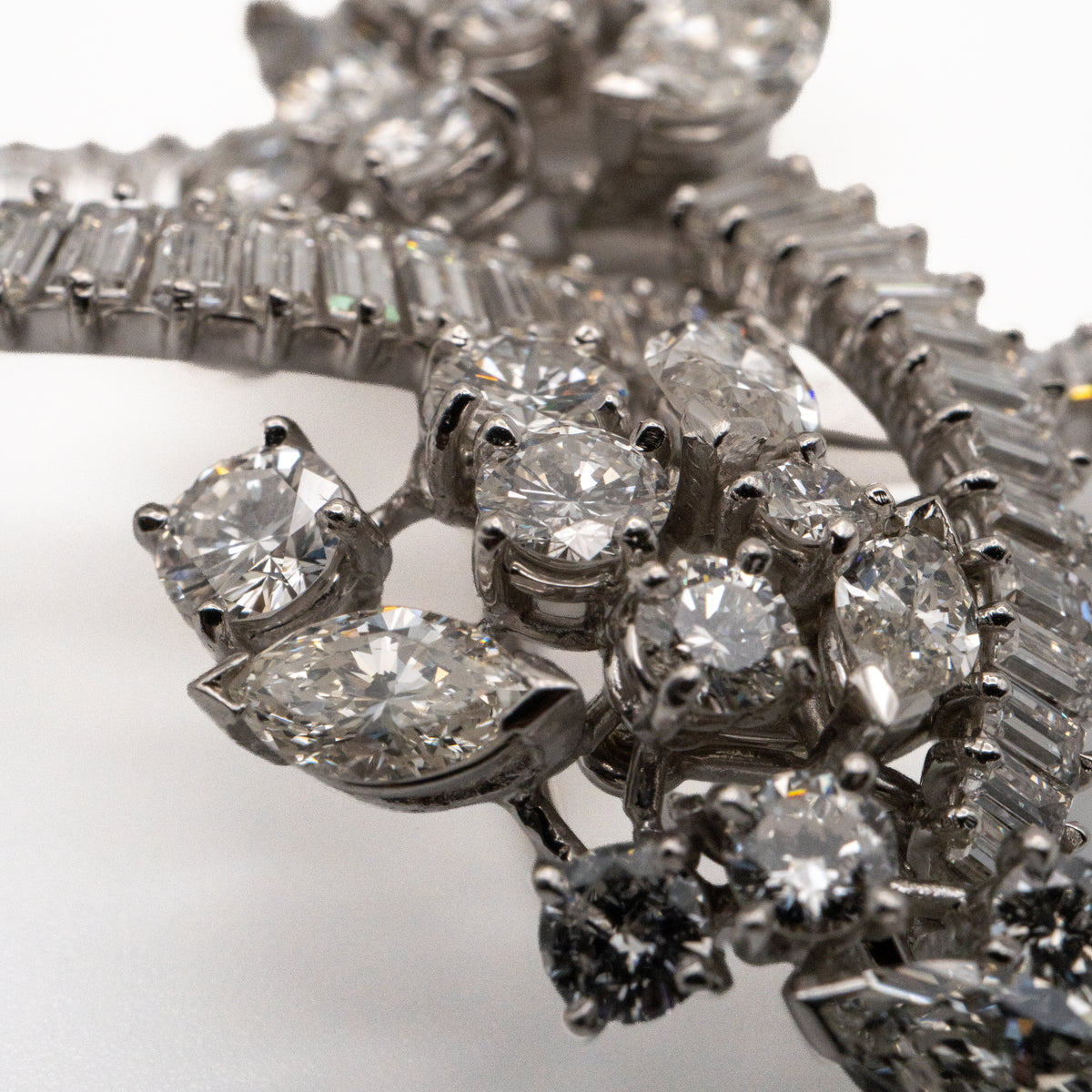Platinum Natural 10.0 Carat Marquise, Round & Baguette Cut Diamond Brooch