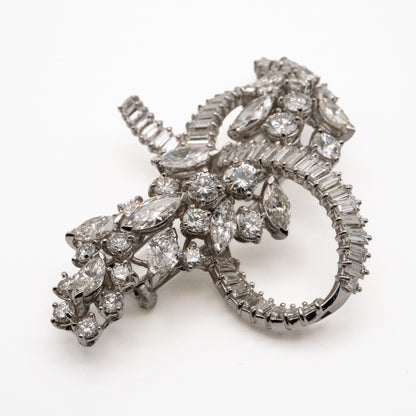 Platinum Natural 10.0 Carat Marquise, Round & Baguette Cut Diamond Brooch