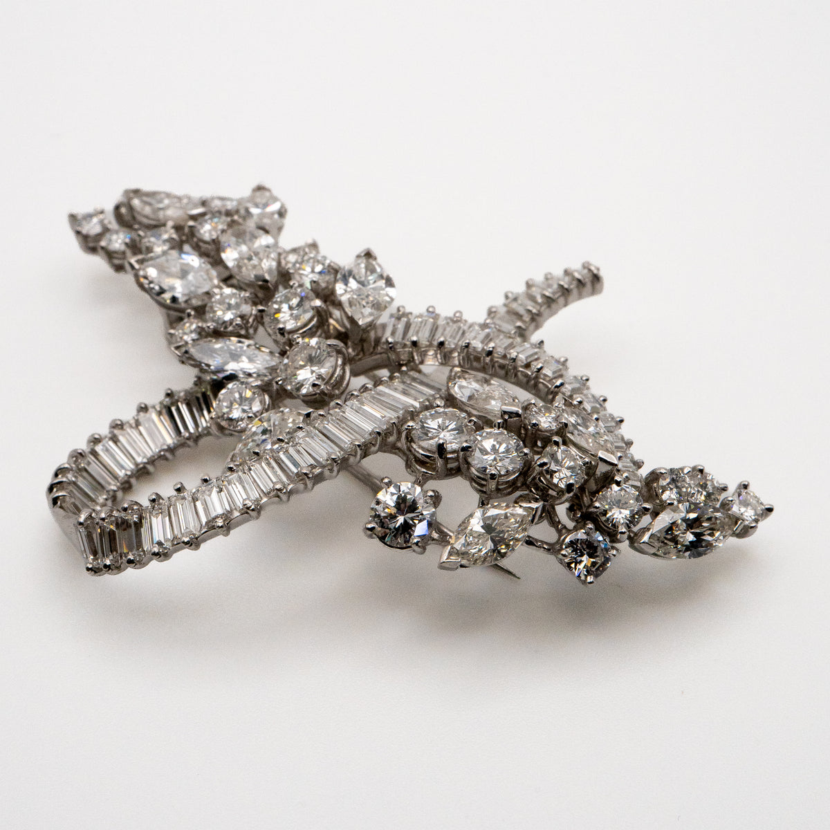Platinum Natural 10.0 Carat Marquise, Round & Baguette Cut Diamond Brooch