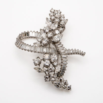 Platinum Natural 10.0 Carat Marquise, Round & Baguette Cut Diamond Brooch