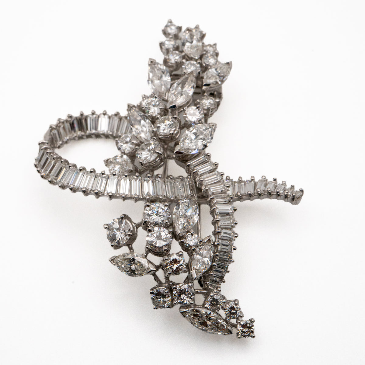 Platinum Natural 10.0 Carat Marquise, Round & Baguette Cut Diamond Brooch