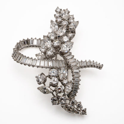Platinum Natural 10.0 Carat Marquise, Round & Baguette Cut Diamond Brooch