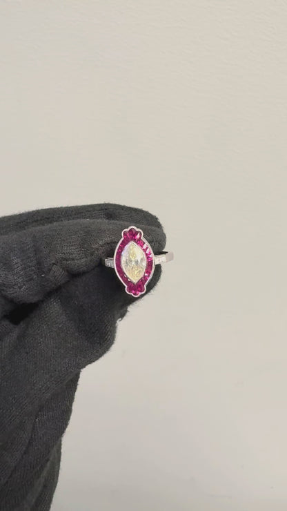 Platinum Natural Yellow Marquise Cut Diamond & Ruby Art Deco Ring
