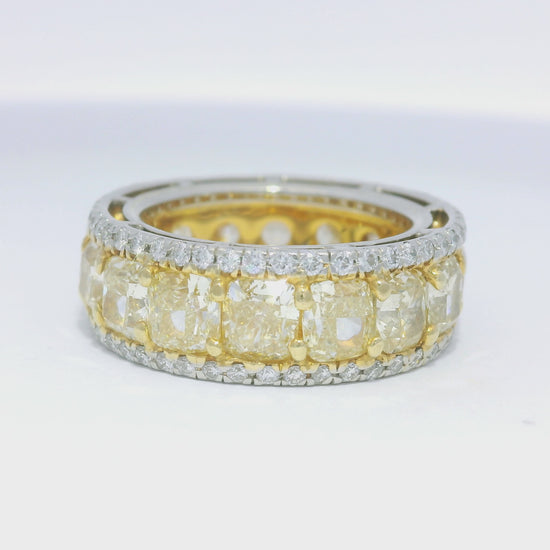 18k Yellow Gold & Platinum Natural Yellow Cushion Cut Diamond Eternity Ring