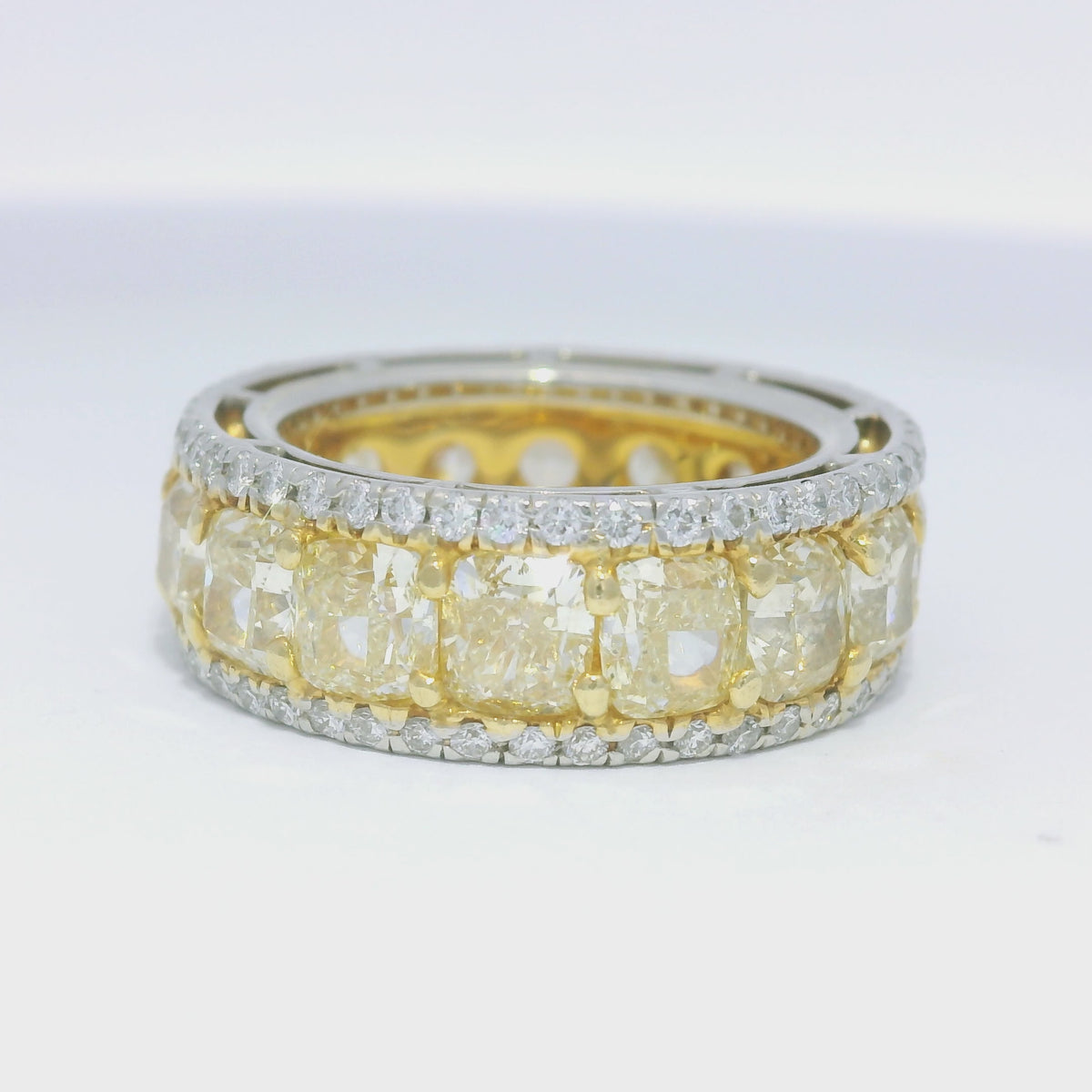 18k Yellow Gold & Platinum Natural Yellow Cushion Cut Diamond Eternity Ring