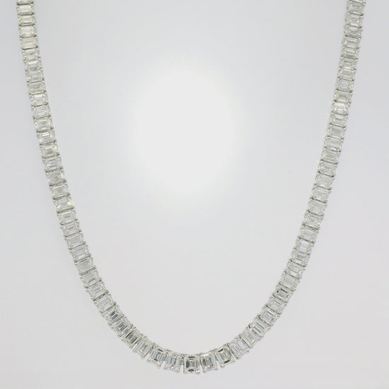18k White Gold & Platinum Natural Emerald Cut Diamond Tennis Necklace