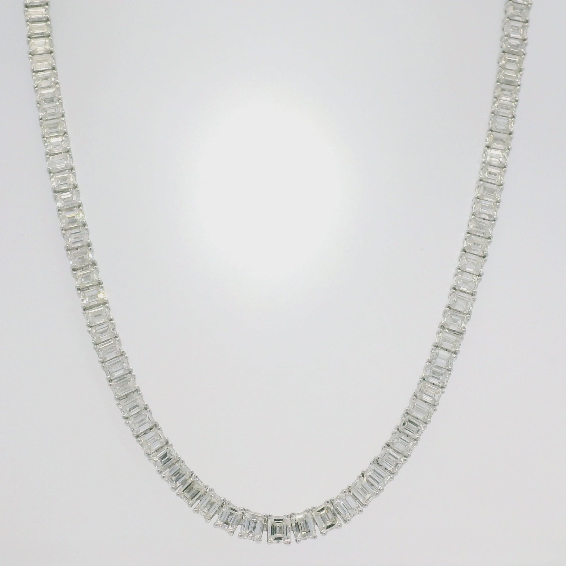 18k White Gold & Platinum Natural Emerald Cut Diamond Tennis Necklace