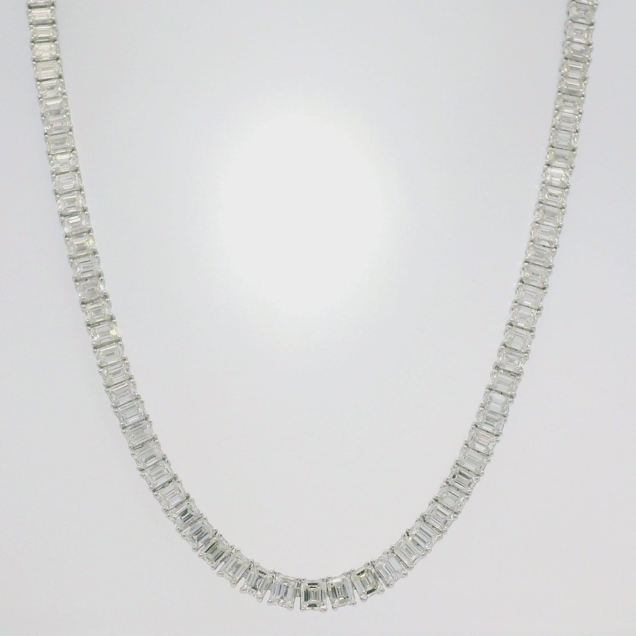 18k White Gold & Platinum Natural Emerald Cut Diamond Tennis Necklace