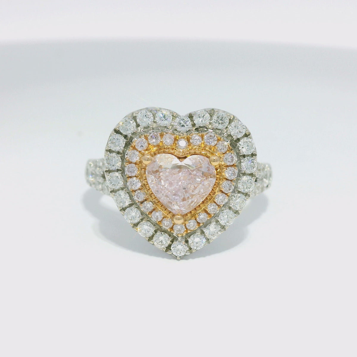 GIA 18k White Gold Natural Light Pink 1.03 Carat Heart Shaped Diamond Double Halo Ring