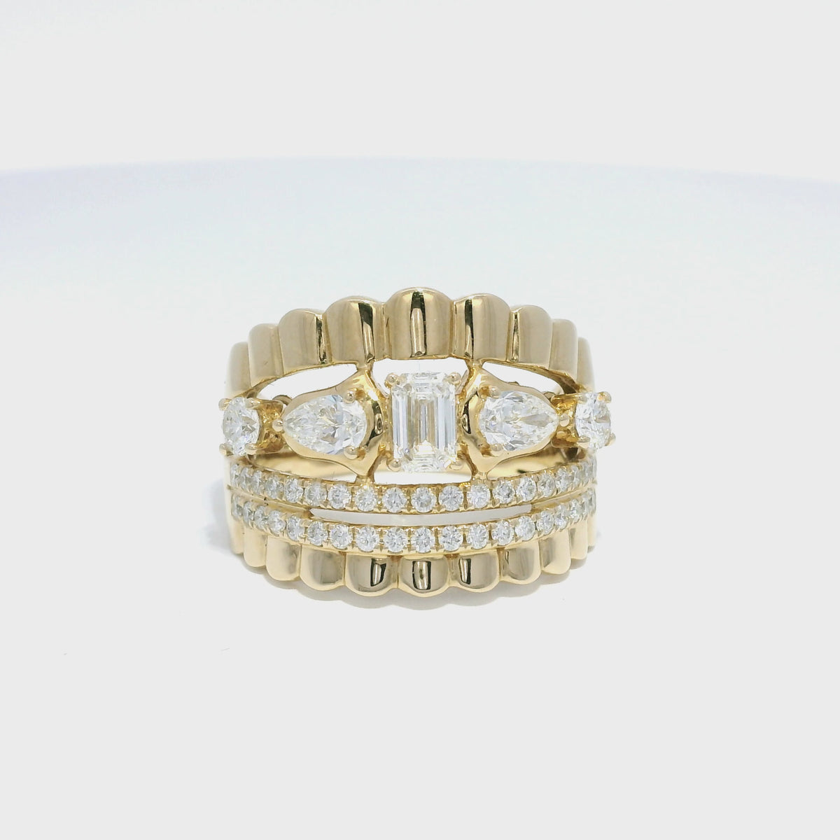 14k Yellow Gold Natural Diamond Emerald Cut & Pear Shape Multi-Row Ring